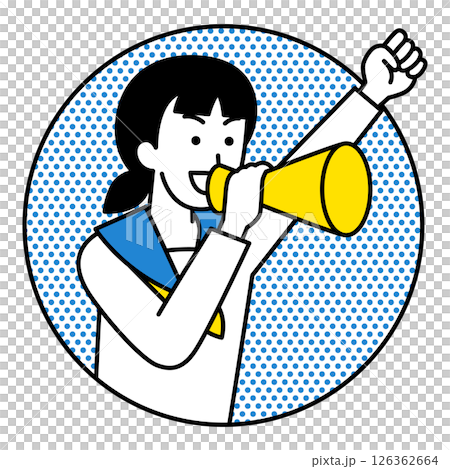 Female students jumping out of the circle to cheer with megaphones Female students jumping out of the circle to cheer with megaphones 126362664