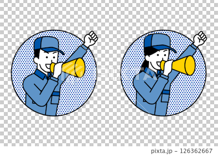 Set of men and women in overalls jumping out of a circle and cheering with a megaphone 126362667