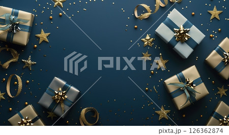 New Year banner. Christmas gift boxes tied with bows, balls, golden decorations. Season's greetings scene perfect for messages or promo. Xmas frame. Gifts on dark blue. Presents with stars, confetti 126362874