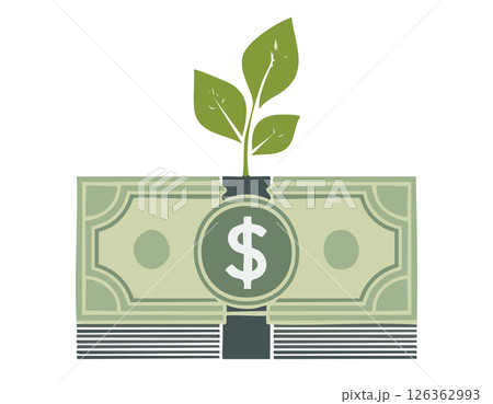 Minimal design showing a small plant growing from the center of a horizontal paper bill, symbolizing saving and sustainable wealth. 126362993