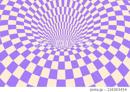 Optical illusion white checker 3d. Chess background time hole vector. Spiral line pattern deep trippy tunnel warp distort vortex, check psychedelic board. 126363454