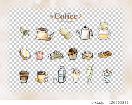 水彩で描いたカフェセット 126363851