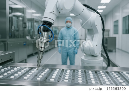 Robot arm working in a clean room environment while a technician supervises medication assembly 126363890