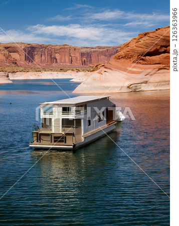 Generative AI Illustration House Boat on a Lake 126363966