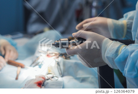 Veterinarian performing osteosynthesis on pet's broken limb. Close-up of veterinary surgeon's hands in gloves holding surgical drill during operation on animal in veterinary clinic. 126364079