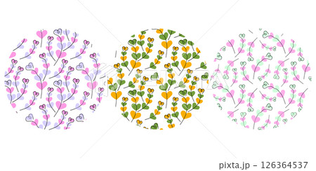 Multicolored Hand drawn heart shape twigs Seamless Patterns on Circle Backdrops in trendy shades Set Multicolored Hand drawn heart shape twigs Seamless Patterns on Circle Backdrops in trendy shades Set 126364537