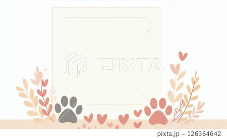 ペットとの絆を表現する、足跡と植物モチーフの癒し系フレーム 126364642