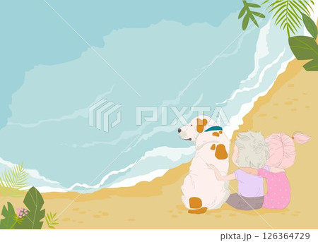 Couple with Dog sitting on Sea Beach Shores Couple with Dog sitting on Sea Beach Shores 126364729