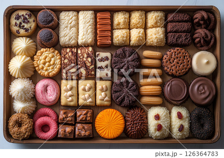 Variety of bakes and cookies in on a wooden trading tray on a white background. Variety of bakes and cookies in on a wooden trading tray on a white background. 126364783