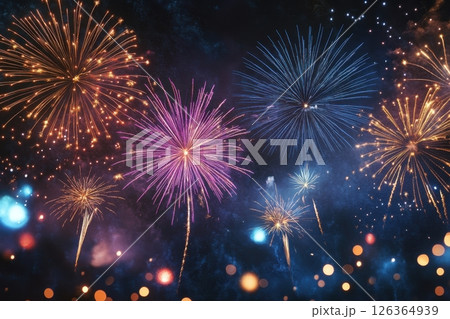 colorful fireworks of various colors on black background 126364939