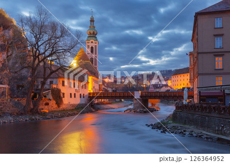 Cesky Krumlov tower at sunrise in Cesky Krumlov Czech Republic Cesky Krumlov tower at sunrise in Cesky Krumlov Czech Republic 126364952
