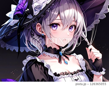 イラスト　銀髪のメイド服の美少女　シンプル背景 126365055