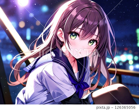 イラスト　茶髪の制服の美少女　夜の背景 126365056