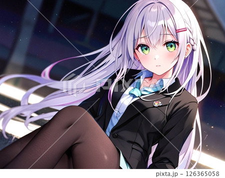イラスト　紫髪の制服の美少女　屋外の背景 126365058
