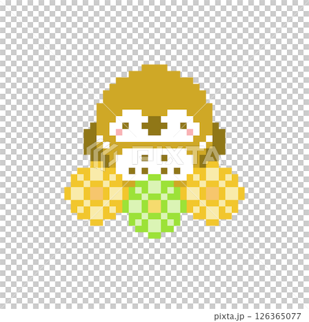Pixel art of yellow-green and yellow flowers and a cheering owl 126365077