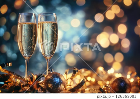 champagne flutes with golden bubbles on golden bokeh background 126365083