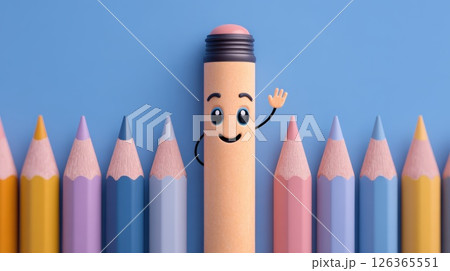 Cartoon Pencil Character Amidst Colorful Pencils on a Blue Background 126365551