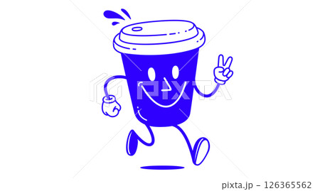 Coffee cup, funny character mascot. Design template, logo, sign, graphic element for advertising, branding, poster. Funny coffee cup, cartoon character mascot, smile coffee cup. Vector Illustration 126365562