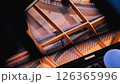 A close-up of the inside of a grand piano, showing the strings and hammers. A person's hand and a blue hat are visible in the foreground. Top view. 126365996