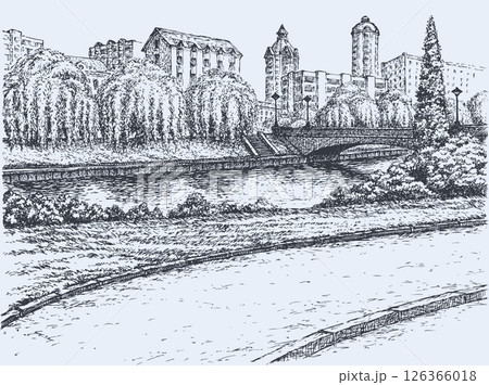 Park trees at river bridge in front of urban high-rise buildings 126366018