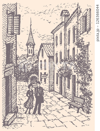 Vector cityscape. Young couple walking on the old street Vector cityscape. Young couple walking on the old street 126366044
