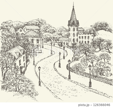 Street of old town along park and ancient castle 126366046
