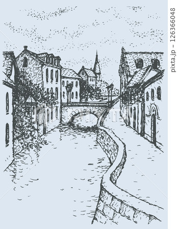 Vector cityscape of the narrow street with bridge over the canal 126366048