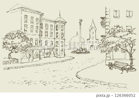 Vector architectural landscape. Old street of the city center Vector architectural landscape. Old street of the city center 126366052
