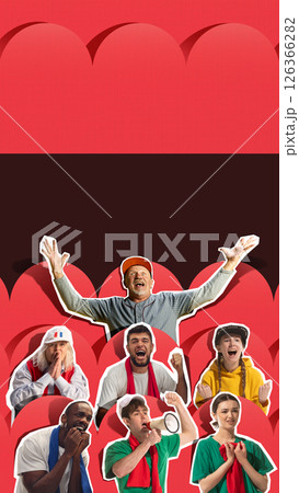 Loud and expressive fans supporting favorite team with cheers and bold gestures against red background. 126366282