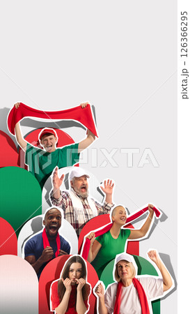 Fans in green and red clothes celebrating game moment with loud cheers and arm gestures. Fans in green and red clothes celebrating game moment with loud cheers and arm gestures. 126366295