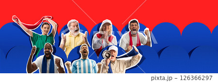 Fans of different age and gender shouting and waving scarves in excitement against bright blue red backdrop. 126366297