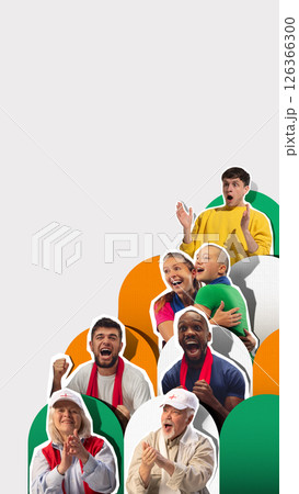 Fans clapping, hugging and cheering in colorful stylized stands, showing joy and unity during sports event. 126366300