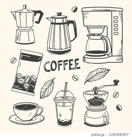 Coffee set with cups, coffee makers, grinders and beans. Coffee theme with different elements.. Hand drawn aesthetic illustration. 126366307