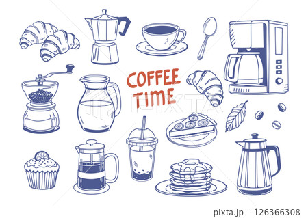 Coffee time with coffee cups, coffee makers, croissants and cakes. Coffee theme with different elements. Hand drawn aesthetic illustration. Coffee time with coffee cups, coffee makers, croissants and cakes. Coffee theme with different elements. Hand drawn aesthetic illustration. 126366308