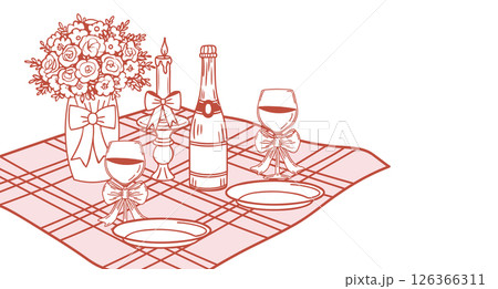 Romantic dinner poster. Banner with champagne, candles and roses on table for birthday or wedding invitations. Hand drawn sketch illustration. Romantic dinner poster. Banner with champagne, candles and roses on table for birthday or wedding invitations. Hand drawn sketch illustration. 126366311
