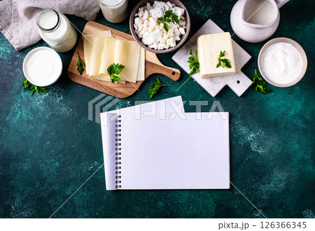 Dairy products. Milk, cottage cheese, cream, butter and yogurt 126366345
