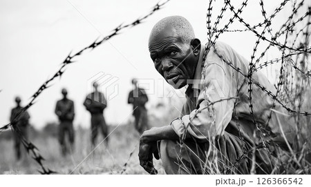 Serious portrait of an older man by barbed wire, with military presence blurred in the background 126366542