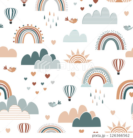 Cute Boho Rainbow seamless pattern with hearts, clouds, birds, and hot air balloons. Pastel colors and Scandianvian style background. Vector illustration Cute Boho Rainbow seamless pattern with hearts, clouds, birds, and hot air balloons. Pastel colors and Scandianvian style background. Vector illustration 126366562