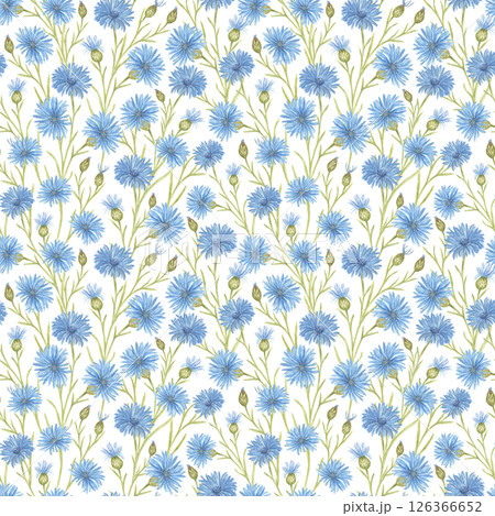 Watercolor seamless pattern of blue Cornflowers, green buds and stems. A complex Floral Background with an interweaving of flowers. Trendy Vintage style wallpaper, pattern for fabric, paper, interior. 126366652