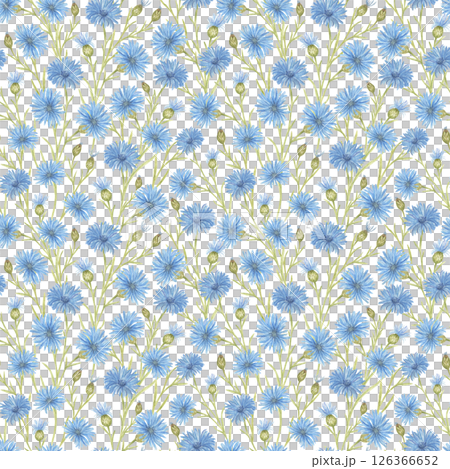 Watercolor seamless pattern of blue Cornflowers, green buds and stems. A complex Floral Background with an interweaving of flowers. Trendy Vintage style wallpaper, pattern for fabric, paper, interior. Watercolor seamless pattern of blue Cornflowers, green buds and stems. A complex Floral Background with an interweaving of flowers. Trendy Vintage style wallpaper, pattern for fabric, paper, interior. 126366652