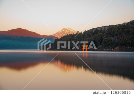 Mount Fuji and Torii Gate at Lake Ashi, Hakone, Japan 126366816