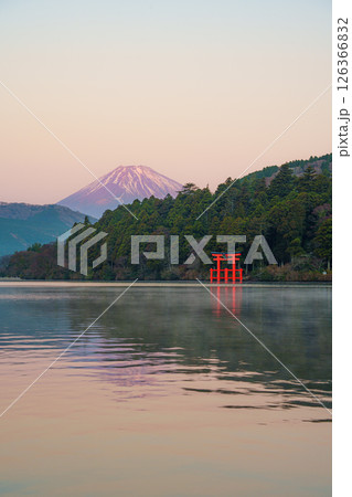Mount Fuji and Torii Gate at Lake Ashi, Hakone, Japan 126366832