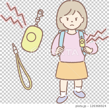 Illustration of an elementary school student holding a security alarm (ringing ②) 126366924
