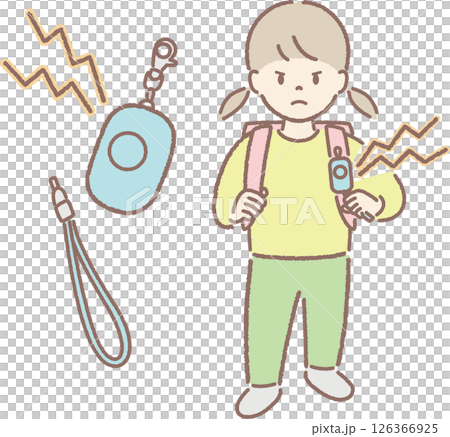 Illustration of an elementary school student holding a security alarm (ringing ①) 126366925