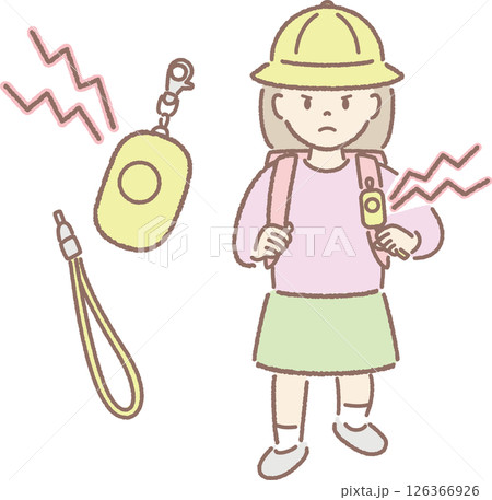 防犯ブザーを持つ小学生のイラスト（鳴らす、帽子②） 126366926