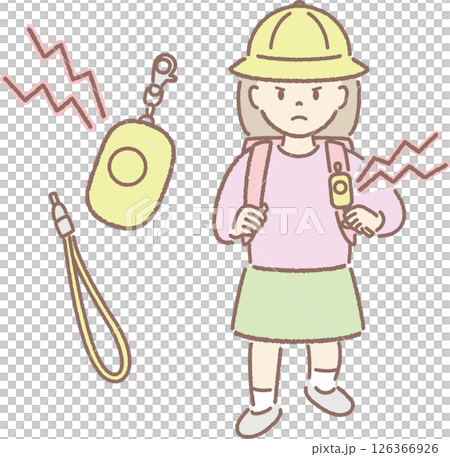 防犯ブザーを持つ小学生のイラスト（鳴らす、帽子②） 126366926