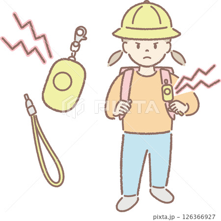 防犯ブザーを持つ小学生のイラスト(鳴らす、帽子①) 防犯ブザーを持つ小学生のイラスト(鳴らす、帽子①) 126366927
