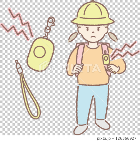防犯ブザーを持つ小学生のイラスト(鳴らす、帽子①) 防犯ブザーを持つ小学生のイラスト(鳴らす、帽子①) 126366927