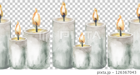 Seamless border with burning candles on a white background. Hand-drawn watercolor illustration with gray candles. The watercolor template for your design, labels, packaging, and printing is isolated. Seamless border with burning candles on a white background. Hand-drawn watercolor illustration with gray candles. The watercolor template for your design, labels, packaging, and printing is isolated. 126367043