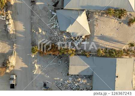 Hurricane Milton consequences on Manasota Key, Florida. Destroyed houses on sea coast. Storm surge severe damage 126367243